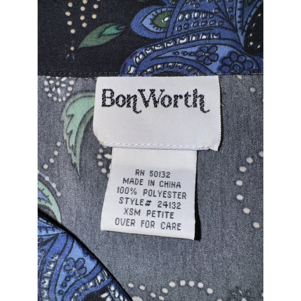 Bon Worth BlouseWomen's Size XSM Petite Black/Blue Floral Short Sleeve Button Up - Picture 4 of 4